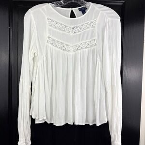 Scoop White Gauze Babydoll Blouse Crochet Lace Long Sleeve XS 0-2